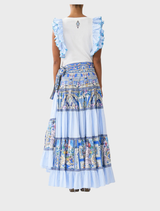 Blue and white skirt with ruffled hems, paired with a Double Frill Sleeve Tee by Ottoopp.