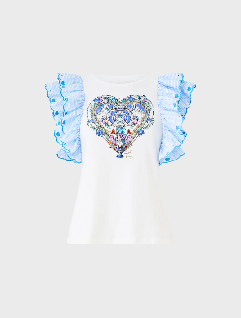 White Double Frill Sleeve Tee with blue floral and heart patterns by Ottoopp.
