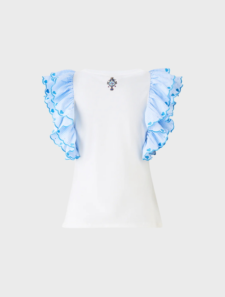A patterned blue and white skirt displayed with a Double Frill Sleeve Tee by Ottoopp.