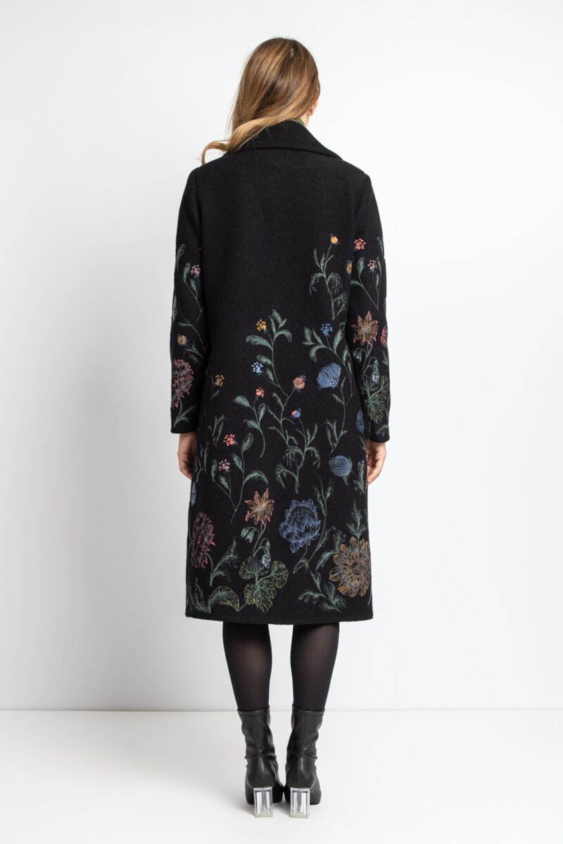 Boiled Wool Coat with Embroidery - Black