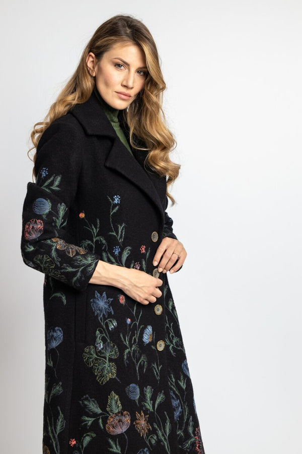 Boiled Wool Coat with Embroidery - Black