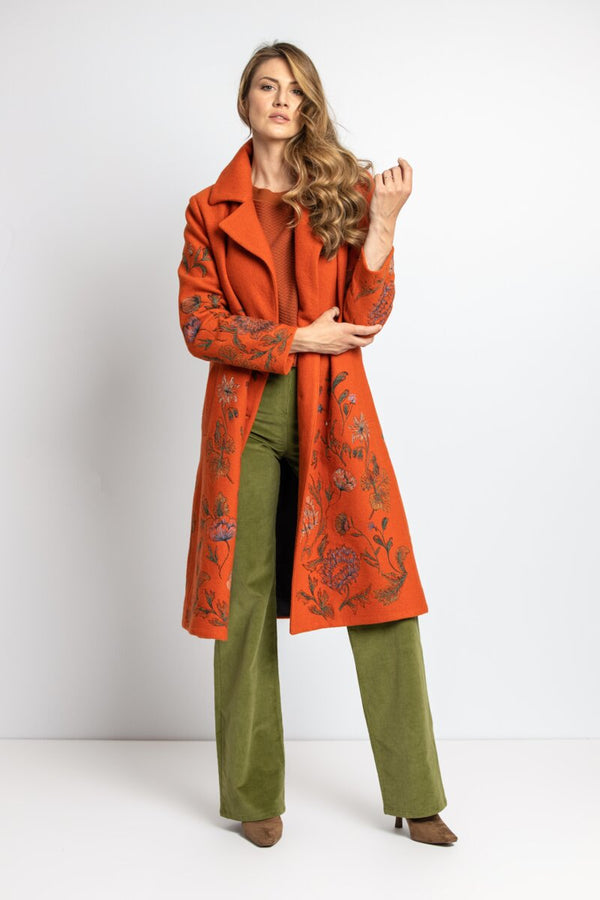 Boiled Wool Coat with Embroidery - Orange