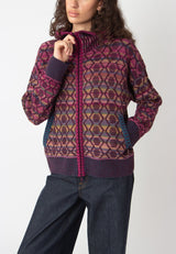 Zip Jacket with Hoodie, Geometric Pattern - Plum