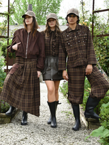 Casual chocolate check shacket with a button-up front and collar, perfect for layering in cooler weather.