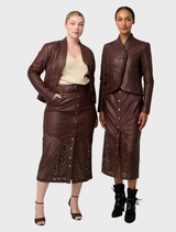 Custom laser-cut midi skirt in oxblood leather, featuring a sleek and modern design for a chic look.