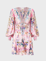 Palapast's Button Front Frill Dress in pink with a floral print, showcasing a charming and elegant style.
