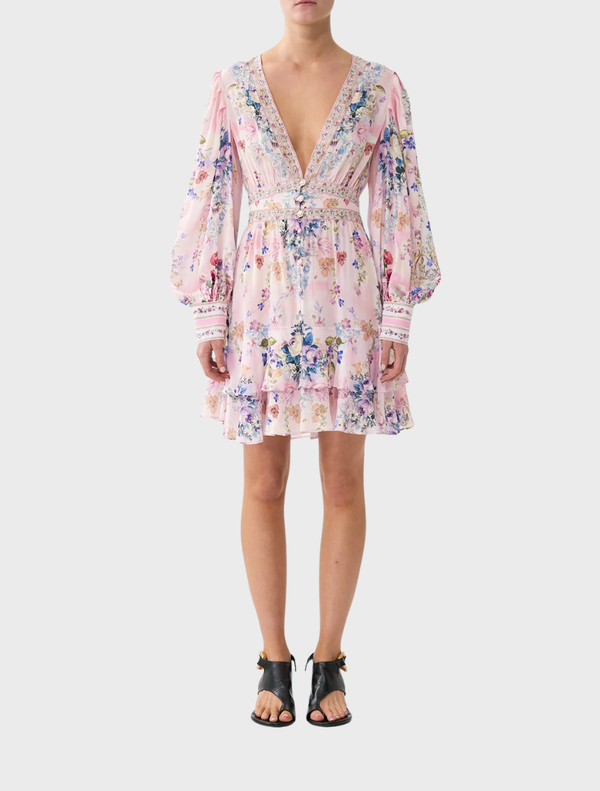 Pink floral print Button Front Frill Dress by Palapast, featuring a stylish design and feminine details.