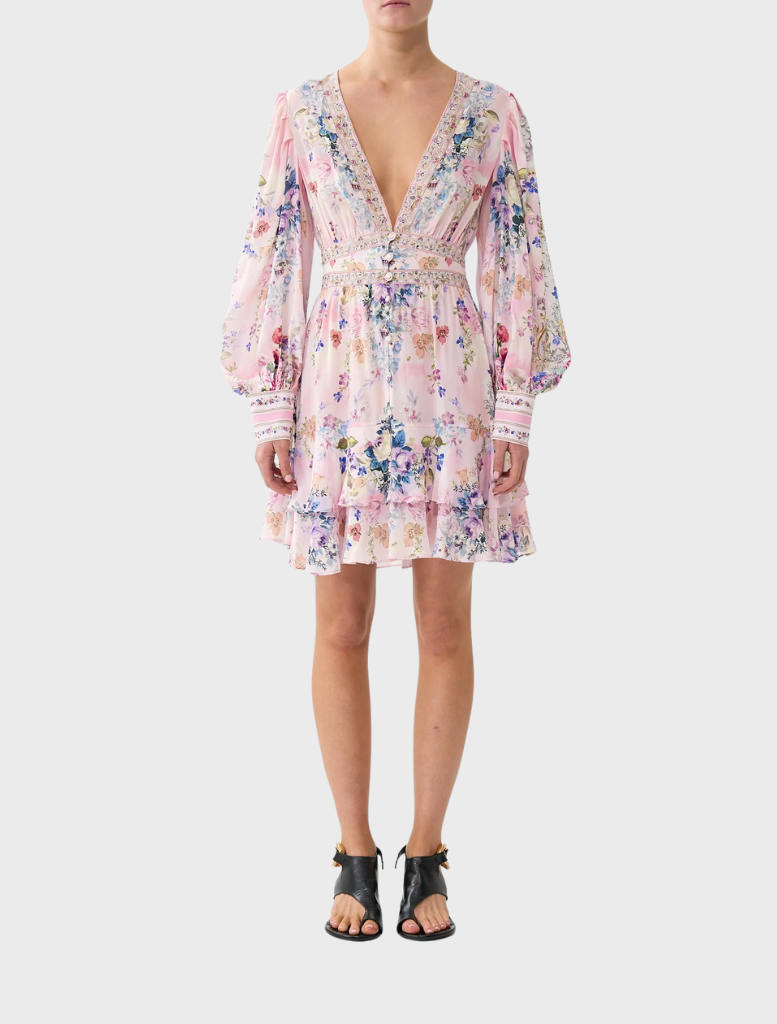 Pink floral print Button Front Frill Dress by Palapast, featuring a stylish design and feminine details.