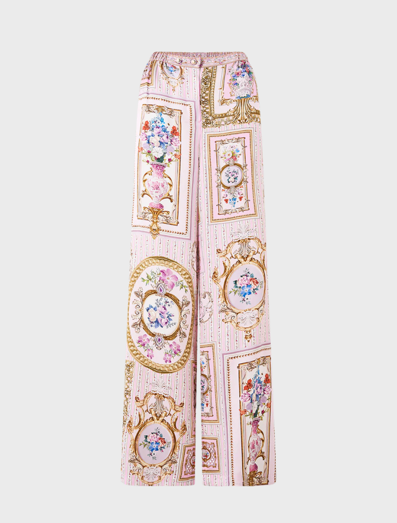 Pink and gold floral print lounge pant with a button front labeled as Button Front Lounge Pant Palapast.