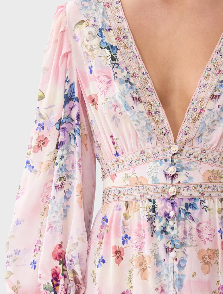 The image features a model in a floral print dress with frills and buttons, designed by Palapast, exuding a fresh vibe.
