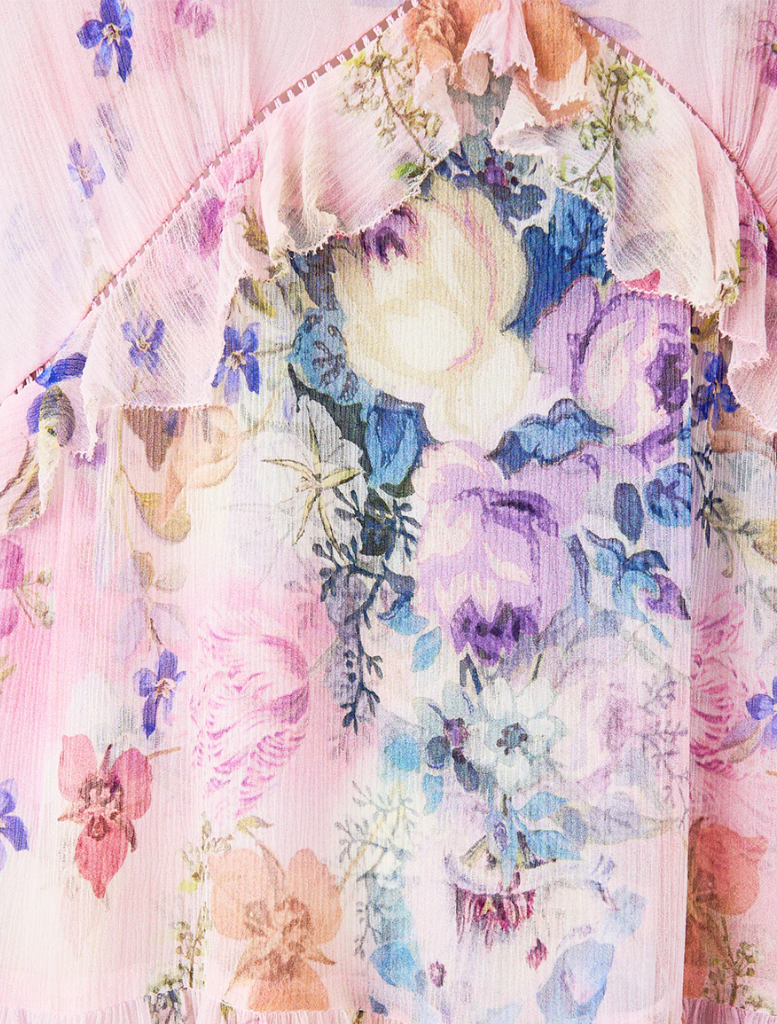 Palapast's pink mini dress showcases a tiered swing style adorned with a floral print.