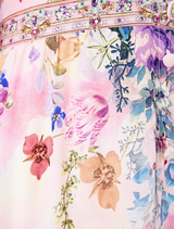 A model wears a floral print Button Front Frill Dress by Palapast, showcasing a blend of elegance and contemporary fashion.