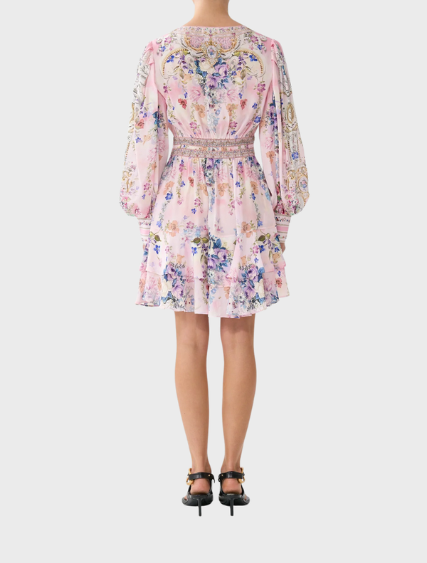 Palapast's Button Front Frill Dress in pink with a floral print, showcasing a charming and elegant style.
