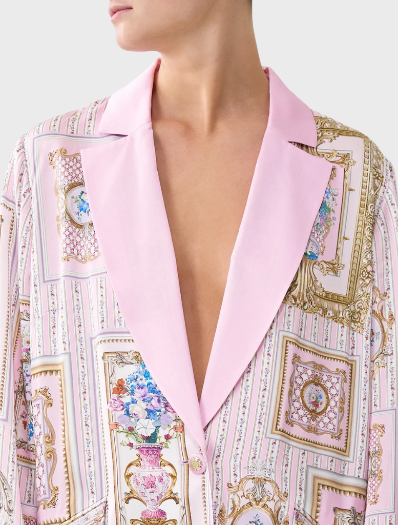 Relaxed Suit Jacket - Palapast, showcasing a pink blazer adorned with a detailed pattern.