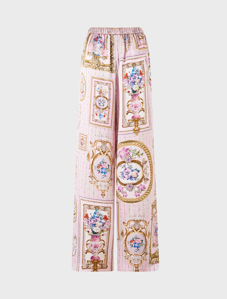 Pink and white pants with a floral pattern and button front, named Button Front Lounge Pant - Palapast.

