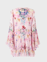 Tiered swing mini dress in pink with floral patterns, created by Palapast.