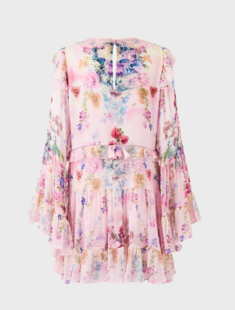 Tiered swing mini dress in pink with floral patterns, created by Palapast.