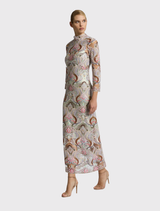 Elegant midi dress with sheer mesh overlay, pastel embroidery, sequins, high neckline, and three-quarter sleeves, with satin slip.
