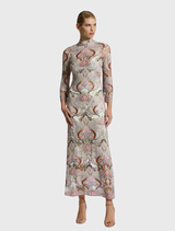 Elegant midi dress with pastel embroidery, sequins, high neckline, and three-quarter sleeves, includes a satin slip.