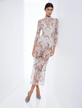 Classic midi dress with baroque embroidery, sequins, high neckline, and three-quarter sleeves, accompanied by a satin slip.