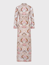 Sophisticated midi dress featuring intricate pastel embroidery, sequins, high neckline, and three-quarter sleeves with a satin slip.