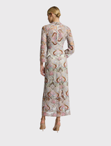 Embroidered midi dress in pastel tones with sequins, high neckline, and three-quarter sleeves, includes a sage green satin slip.