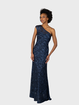 Elegant navy one-shoulder gown, featuring a flowing silhouette and sophisticated design, perfect for formal occasions.