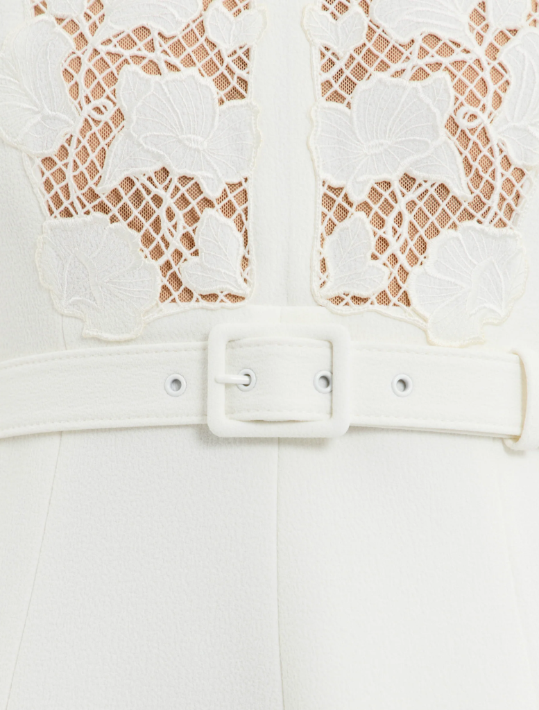 Stylish white dress with lace detailing at the collar, called the Parrish Short Sleeve Midi Dress in Ivory.