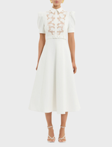 Ivory midi dress featuring short sleeves and a lace-collared neckline, known as the Parrish Short Sleeve Midi Dress.