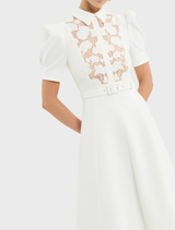 Short sleeve ivory midi dress with a delicate lace collar, referred to as the Parrish Short Sleeve Midi Dress.