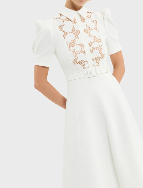 Short sleeve ivory midi dress with a delicate lace collar, referred to as the Parrish Short Sleeve Midi Dress.
