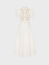 White midi dress with lace detailing on the collar, named Parrish Short Sleeve Midi Dress in Ivory.