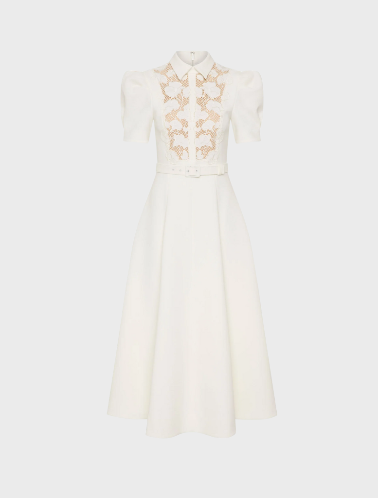 White midi dress with lace detailing on the collar, named Parrish Short Sleeve Midi Dress in Ivory.