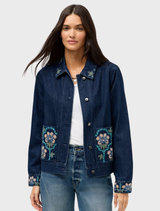 Dark denim patch pocket jacket featuring a classic design and versatile style for casual wear.