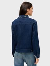 Classic dark denim jacket with functional patch pockets, perfect for layering in casual settings.