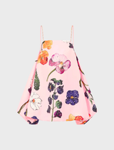 Mini dress featuring puff sleeves and embellishments, designed by Wildbloom in a vibrant floral pattern.