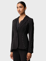Black embellished blazer by Marcela Pearl, featuring intricate detailing and a tailored fit for a sophisticated look.
