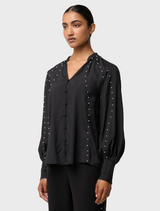 Black cupro stretch shirt by Marcela Pearl, featuring elegant embellishments for a stylish look.