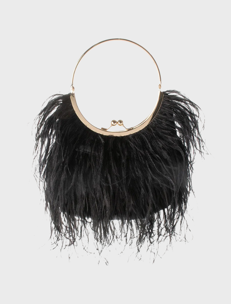 Black ostrich feather purse with a gold chain, named Penny Feathered Frame Bag, elegantly designed for stylish occasions.