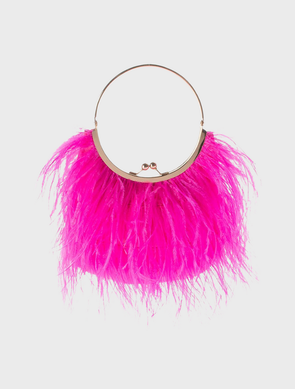 A pink feather purse featuring a shiny metal ring handle, elegantly styled for a chic look.