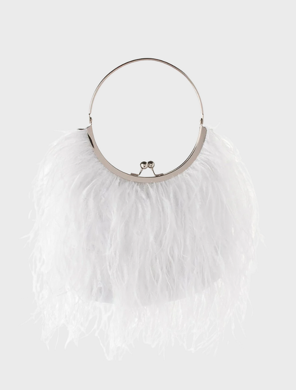 White feather purse with a metal ring, named Penny Feathered Frame Bag, showcasing a stylish and elegant design.