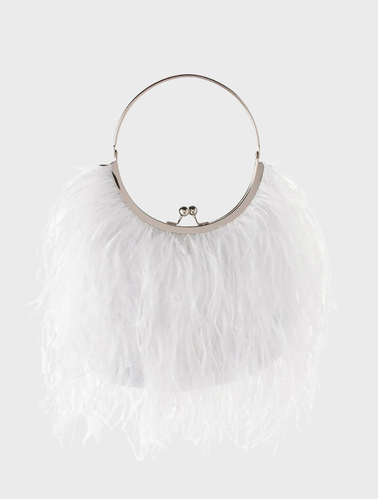 White feather purse with a metal ring, named Penny Feathered Frame Bag, showcasing a stylish and elegant design.