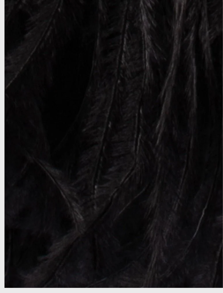 Elegant black feather purse with a gold ring, known as the Penny Feathered Frame Bag, perfect for formal occasions.