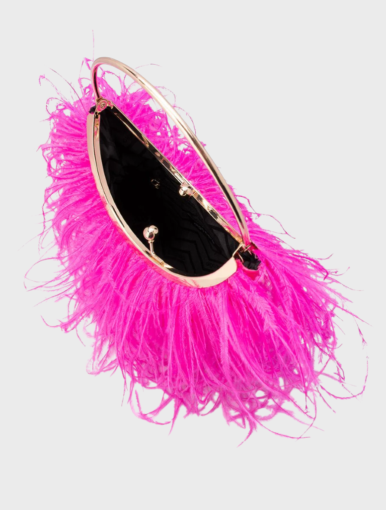 A fashionable pink feather purse with a metal ring