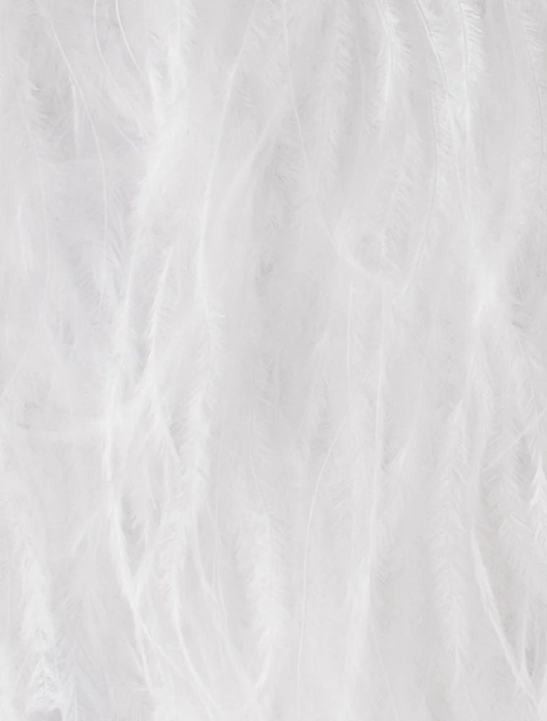 A stylish white feather purse with a metal ring, known as the Penny Feathered Frame Bag, perfect for elegant occasions.
