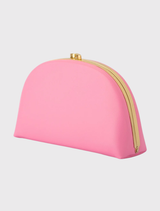 Pink Celeste Curved Clutch, designed with a smooth leather appearance and versatile carrying options for an elegant evening look.