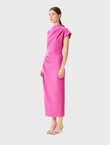 Pink asymmetrical midi dress displayed on a mannequin, showcasing its unique design and flowing fabric.
