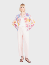 IVKO Woman's light pink cardigan featuring a vibrant floral jacquard pattern, crafted from a silky, breathable fabric blend.