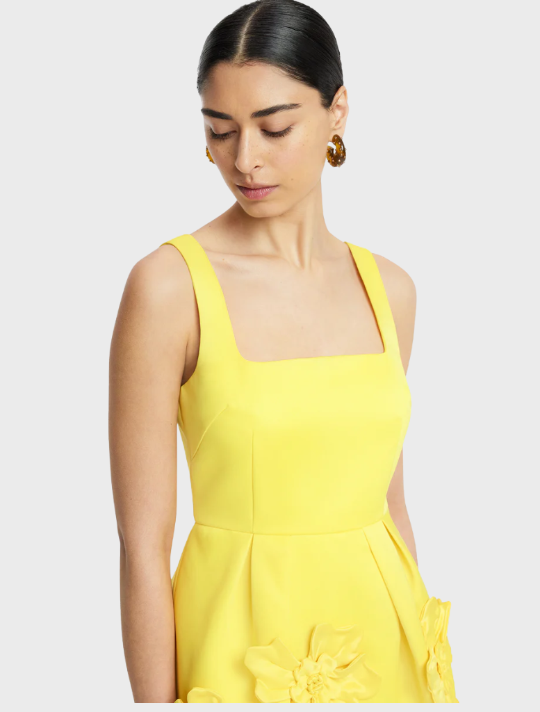 A model displays a yellow dress with a floral design, capturing a bright and cheerful aesthetic.