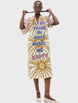 Stephanie Placked Maxi Dress highlights a joyful message in colorful lettering, complemented by a radiant sunburst design.